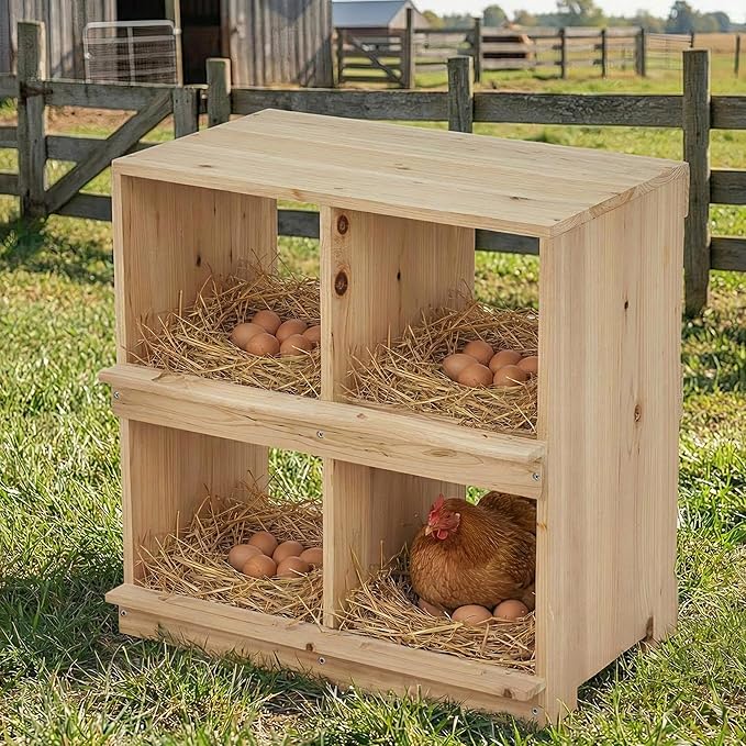 Wooden Chicken Nesting Box, Double-Deck with 4 Compartments, Wall-Mounted or Ground-Placed Nesting Box for Hens with Egg-Roll-Proof Design, Egg Collection Design, Perch, Natural Wood, Sun-Proof