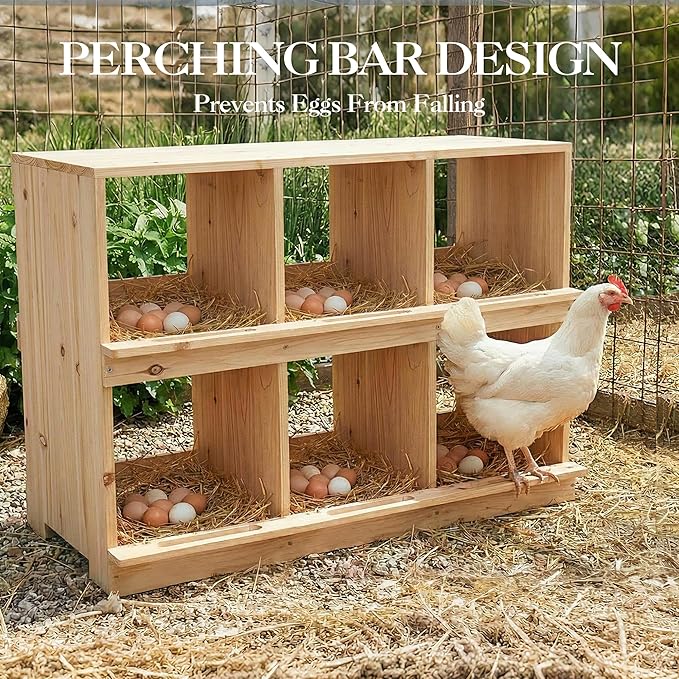 GarveeLife Wooden Chicken Nesting Box, 6-Compartment, Wall-Mounted or Floor-Standing Laying Box for Hens, Egg-Roll-Proof Design with Perch and Easy Egg Collection, Natural Wood, Sun-Resistant