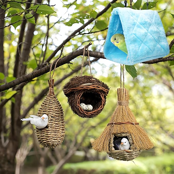 2 Pack Warm Bird Nest House Bed Hanging Hammock Plush Hanging Snuggle Cave Sleeping Bed Happy Hut for Parrot Parakeet Cockatiel Conure Cockatoo African Grey Macaw (Blue&Purple)