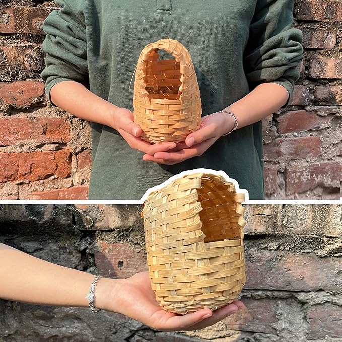 Finch Nest for Cages, Large Natural Bird Houses, Bamboo Hand Made Nests Hideout Cage with Metal Hook, Small Hut Toy House Shelter, Eco-Friendly Hanging Hand-Woven Box for Outdoor Accessories (1Pc)