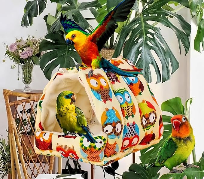 Bird Nest Plush Snuggle Hanging Hammock Bird Cave Parrot Sleeping Bed Shed Hut Hanging Tent for Hamster Parrot Macaw Budgies Parakeet Cockatiels Lovebird-Owl