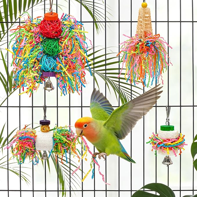 4PCS Bird Parrot Foraging Toys Parakeet Chewing Hanging Toy Shredder Paper Cage Accessories for Small Parrots Parakeets Conures Cockatiels Love Birds Cage Toy (4Pack)