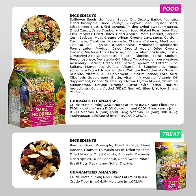 Tropical Carnival Brown’s Gourmet Small Hookbill Food & Fruit & Nut Parrot Treat Bundle – Vitamin-Fortified Daily Diet & Reward Mix for Parrots, Conures & Small Hookbills – 10 lb + 12 oz