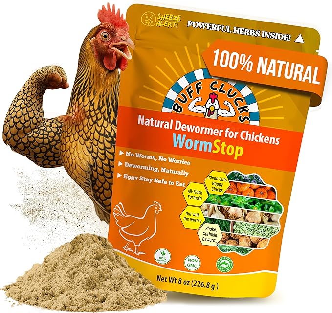 Buff Clucks WormStop Natural Chicken Dewormer Powder – All-Natural Herbal Blend for Daily Wellness - Chicken Wormer is Safe for Eggs & All Ages - Garlic, Pumpkin Seed, Wormwood - USA (8 oz)