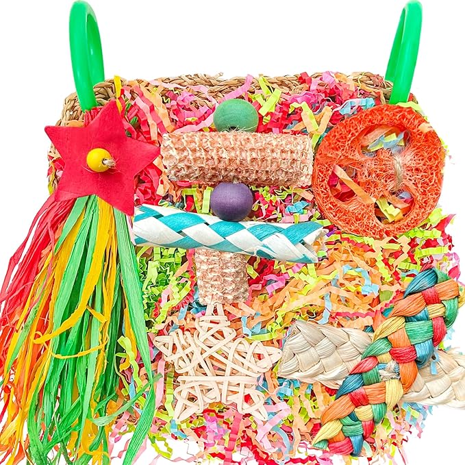 Parakeet Toys, Bird Toy Conure Grass Mat Budgie Shredder Hanging Set Cockatiel Foraging Toys Parrot Climbing Wall Toy Lovebird Cage Accessories for Small Birds