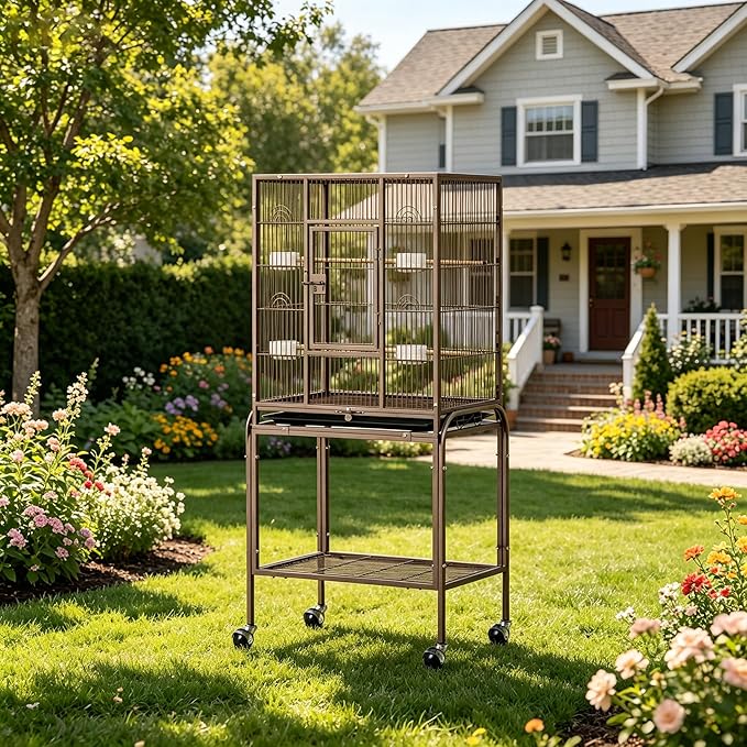 VINGLI 53-inch Bird Cage with Wheels, Durable Wrought Iron Parakeet Cage with Slide Out Tray, Black Bird Cages for Parakeets/Lovebird/Cockatiels/Budgies and Other Small/Medium Birds (Brown, 53 inch)