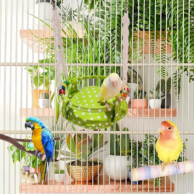 Bird Nest for Cage Parakeets Sleeping Bed Hanging Bird Hammock Parrot Bed Nest Wooden Perch Stand Swing for Conure, Budgie, Lovebird, Finch, Small Pets-Round