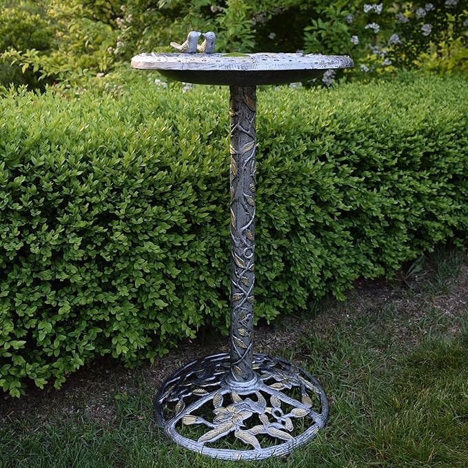 Oakland Living 5131AP Antique Pewter Hummingbird Design Aluminum Birdbath, Silver