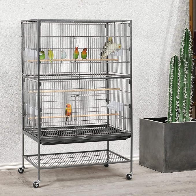 Costoffs 132cm Extra Large Rolling Metal Bird Cage Parrot Cage for Lovebird Cockatoo Conure with 3 Perches/4 Feeders/Extra Storage Shelf Black