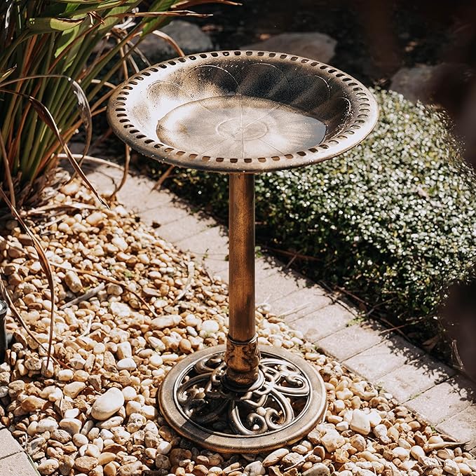 Backyard Expressions Outdoor Garden Bird Bath - Bronze - Weather Resistant Resin with Ground Stakes - 27 Inch