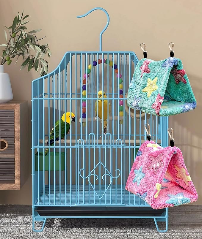 2 Pack Warm Bird Nest Plush Snuggle Bird Hammock Hanging Bird Cave Parrot Sleeping Bed Shed Hut Hanging Tent for Budgies Finch Parakeet Cockatiel Cockatoo Lovebird-Star Pattern (Pink&Green)