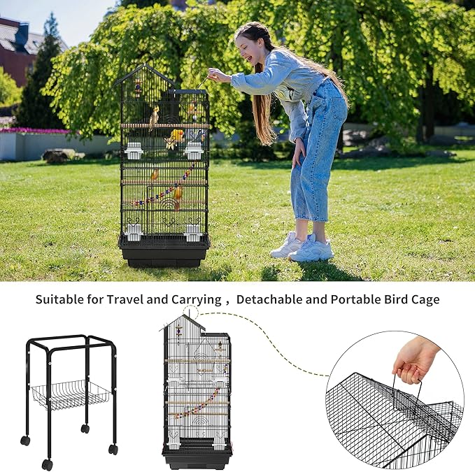 YITAHOME 62 inch Metal Bird Cage, Large Parakeet Cages for Parrot, Cockatiel, Lovebird, Pigeon with Roof Top, Rolling Stand and Hanging Accessories