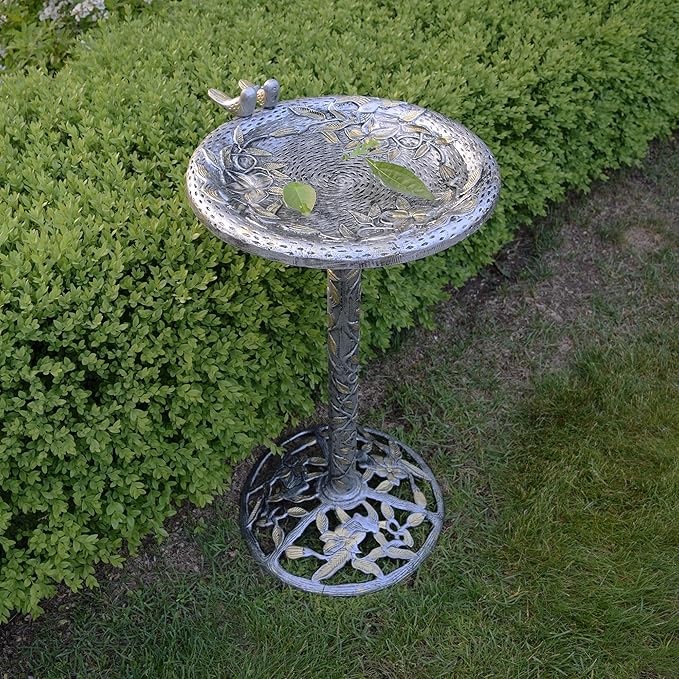 Oakland Living 5131AP Antique Pewter Hummingbird Design Aluminum Birdbath, Silver