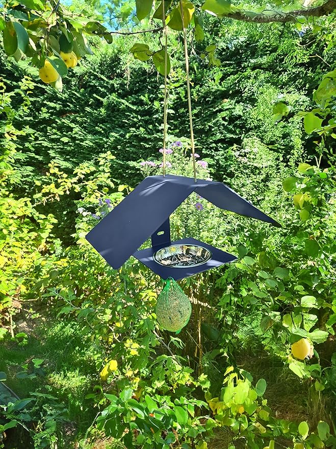 Zéphyr Louis Moulin Bird Feeder - Robust Blue Metal - Hanging or Wall Mountable - Modern Design - Removable Stainless Steel Bowl - Frost and UV Resistant - 31 × 16 × 14.5 cm