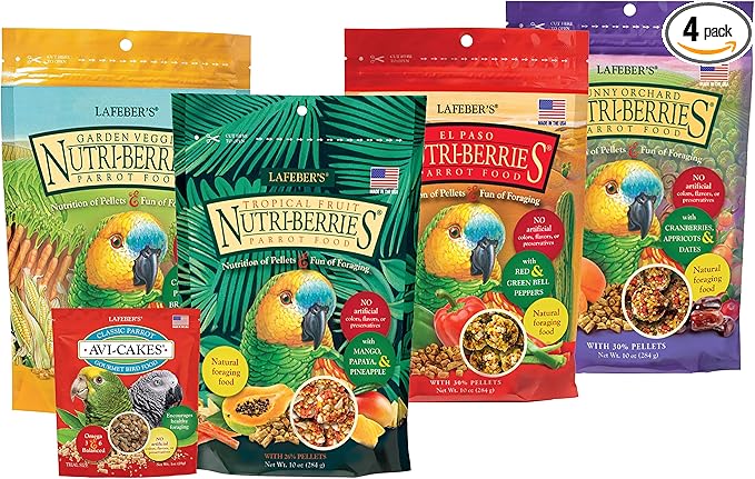 LAFEBER'S Nutri-Berries Pet Bird Food Variety Sampler Bundles, Made with Non-GMO and Human-Grade Ingredients, for Parrots, 10 oz. Each (4 Pk Bundle) with Free Avi-Cake Sample