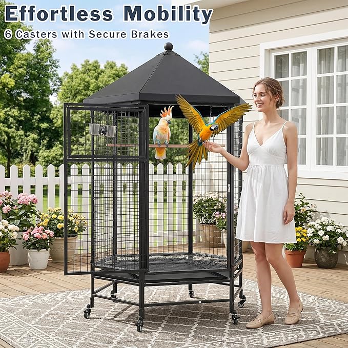 69" Extra Large Bird Cage for Parrots, Heavy Duty Metal Aviary on Wheels with Rolling Stand & Slide-Out Trays for African Greys, Cockatoos, Conures, Macaws, Indoor Outdoor, Black
