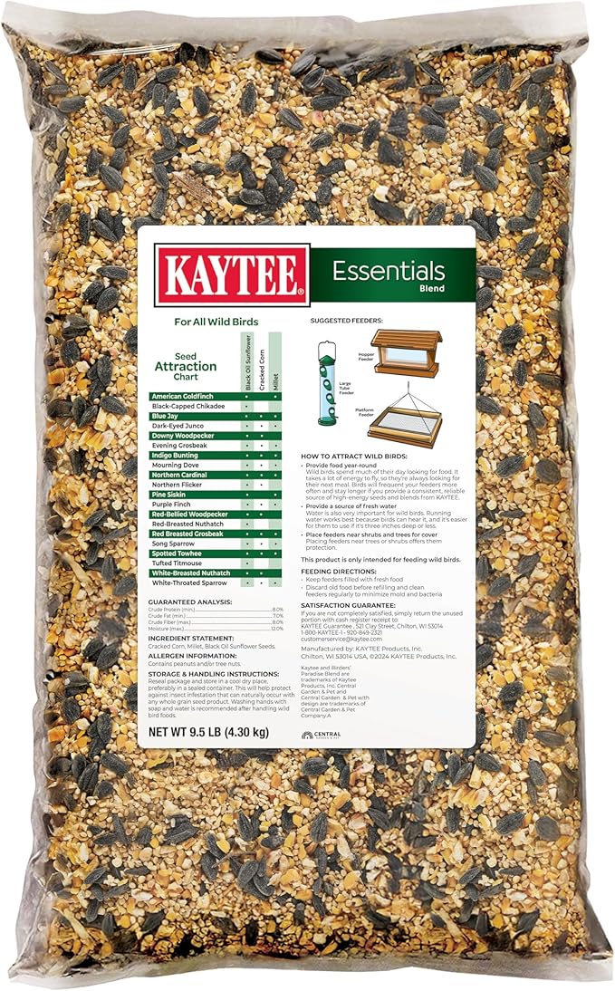 Kaytee Essentials Blend with Black Oil Sunflower, Cracked Corn and Millet, Wild Bird Food Seed for Cardinals, Jays, Finches, Chickadees, Nuthatches, Woodpeckers, Grosbeaks, Juncos, 9.5 Pounds
