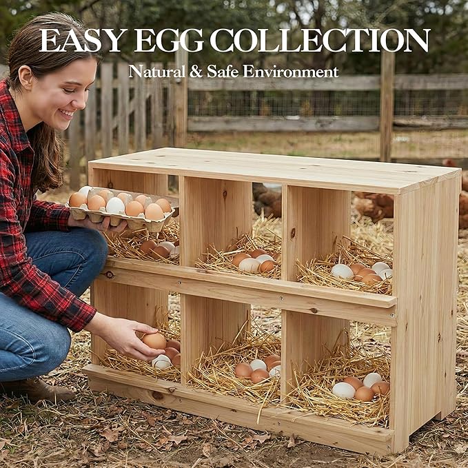 GarveeLife Wooden Chicken Nesting Box, 6-Compartment, Wall-Mounted or Floor-Standing Laying Box for Hens, Egg-Roll-Proof Design with Perch and Easy Egg Collection, Natural Wood, Sun-Resistant