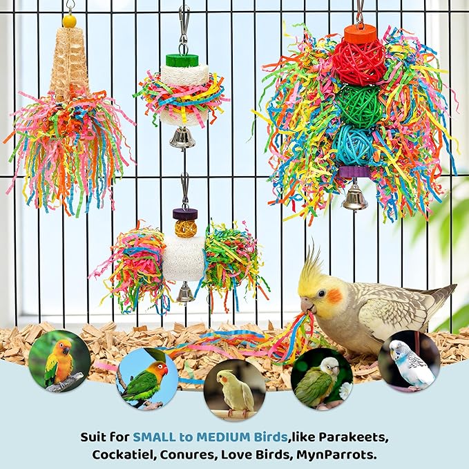 4PCS Bird Parrot Foraging Toys Parakeet Chewing Hanging Toy Shredder Paper Cage Accessories for Small Parrots Parakeets Conures Cockatiels Love Birds Cage Toy (4Pack)