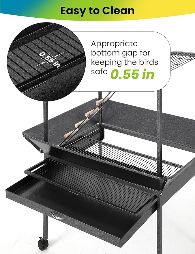 Garvee 64'' H Inch Birdcage Stand Play Center with Perches and Ladders, Indoor Outdoor Playground for Birds, Bird Playstand w/Rotated Ring Removable Tray, Lockable Caster, for Macaw and Parakeet