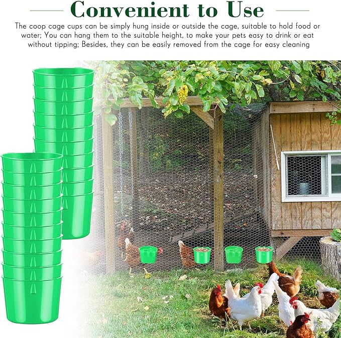 Sumind 60 Pcs Cage Cups Chicken Feeder Birds Hanging Feeders Seed Bowl 8 oz Plastic Water Bowl Hanging Chicken Gamefowl Waterer Feeding Watering Dish Coop Cups for Parrot Parakeet Poultry(Green)