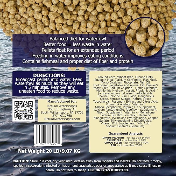 Natural Waterscapes Waterfowl Feed 20 lb Bag | Floating Pellets for Duck, Swan, Goose | for Wild and Pet Ducks