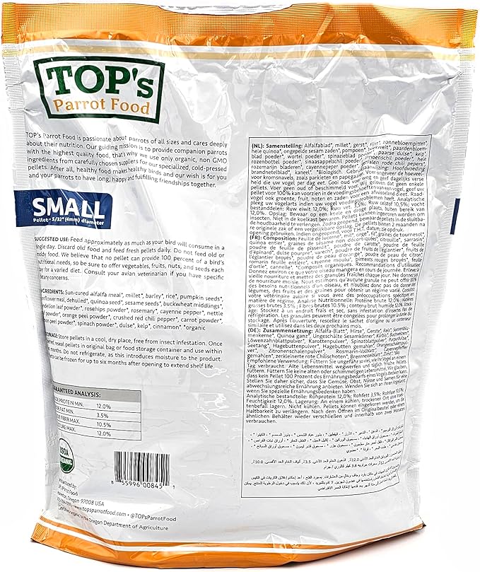 TOP's Parrot Food Bird Pellets for Small Hookbills - Non-GMO, Peanut Soy & Corn Free, USDA Organic Certified (1lb)