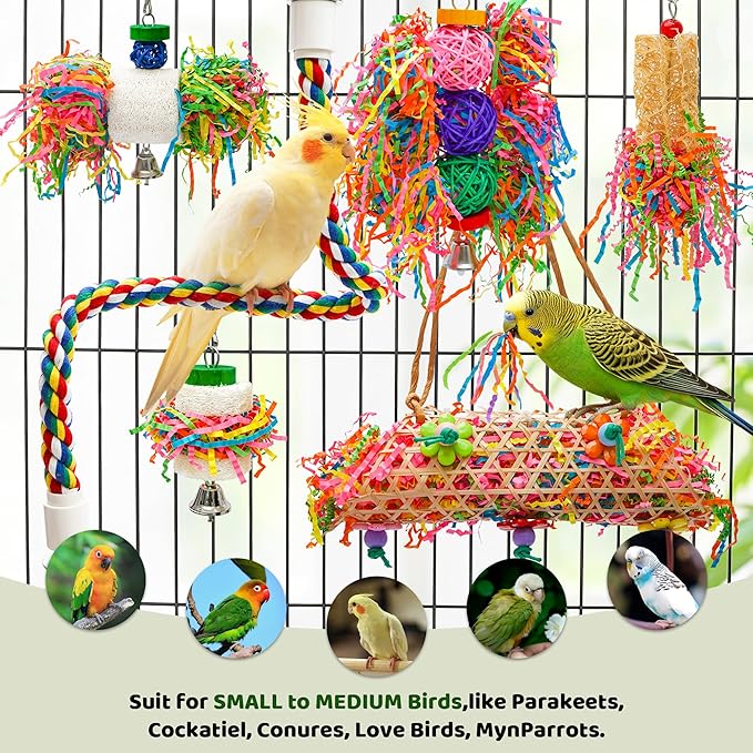 6PCS Bird Parrot Foraging Toys with Rope Perch Parakeet Chewing Hanging Toy Shredder Paper Cage Accessories for Small Parrots Parakeets Conures Cockatiels Love Birds Cage Toy