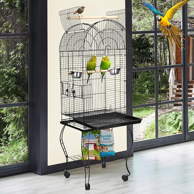 ZENY 63.5 Inch Open-Top Birdcage, Wrought Iron Bird Cage with Slide-Out Tray + Detachable Rolling Stand, Pet Parrot Cage for Parakeets Cockatoo Cockatiels, Play-Top Birdcage