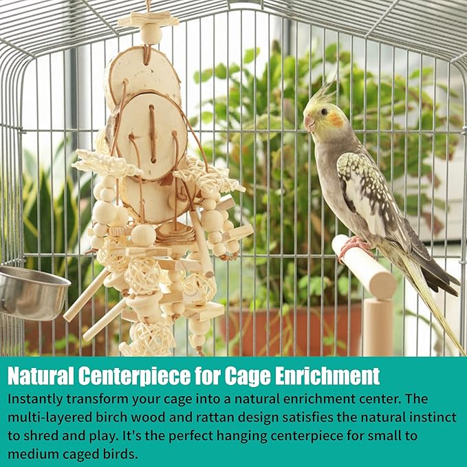 Natural Wood Bird Chew Toy for Cockatiels, Parakeets, Conures, Budgies & Lovebirds – Wooden Shredder and Foraging Bird Toys for Cage Enrichment