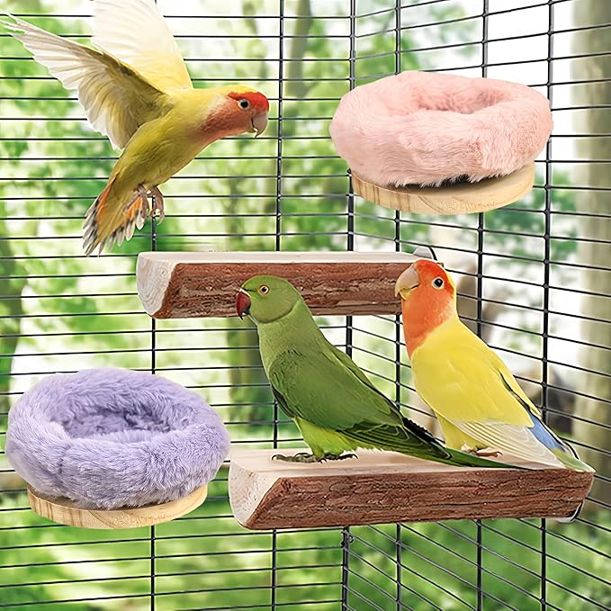 2Pcs Bird Perch Stand Platform Plush Parrot Hanging Hammock Warm Bird Nest Snuggle Hut Birds Sleeping Bed Wood Perch for Parrot, Budgies, Parakeet, Cockatiels, Conure, Lovebirds-Purple&Pink