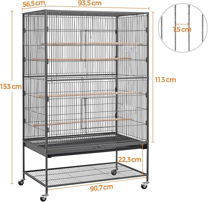 Aviary on Stand Large Bird Cage on Wheels Sturdy Metal for Parrot Parrots 93.5 x 56.5 x 153 cm