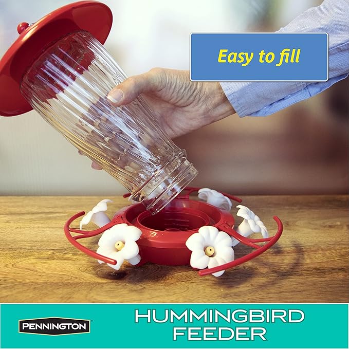 Pennington 32 oz Decorative Glass Hummingbird Feeder, Red