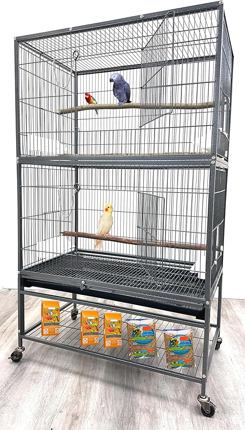 X-Large Sturdy Wrought Iron Breeding Flights Canary Parakeet Cockatiel African Grey Lovebird Finches Parrot Home Cage Double Large Front Doors 4 Side Doors Bottom Storage Shelf On Lockable Wheels