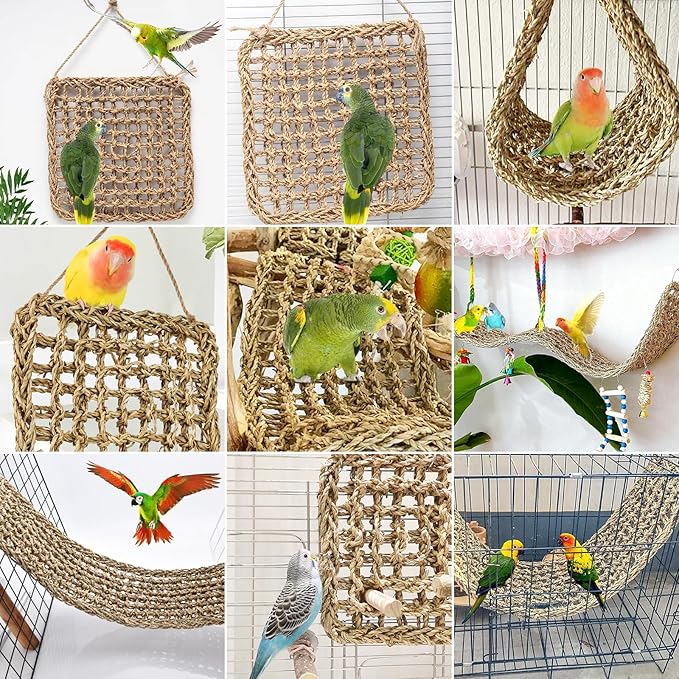 2Pcs Natural Sea Grass Parrot Mat - Foraging Chew Wall Toy with Climbing Rope & Hook, Hanging Play Pad for Lovebirds/Cockatoos/Budgerigars/Conures/Pigeons | 2 Sizes29.53x6.89 &7.48x7.48 Inches