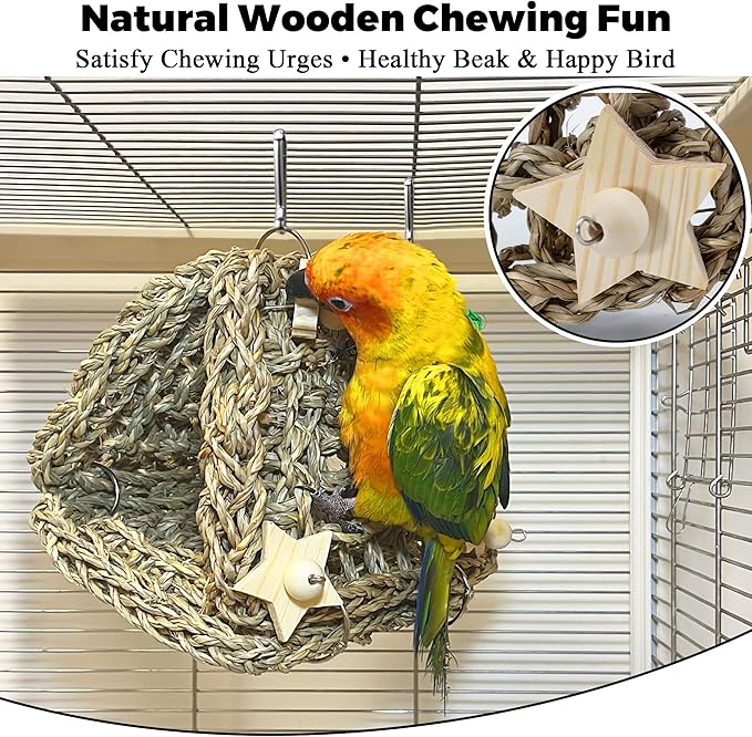 Seagrass Handwoven Bird Bed for Cage, DIY Parakeet Nest & Climbing Ladder, Breathable Bird Hammock Tent with Chewable Toys, Cozy Parrot Sleeping Hut for Small Medium Birds Like budgies Lovebirds