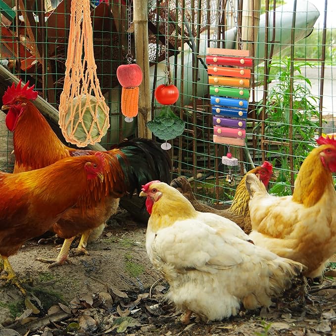 Chicken Toys for Coop 7PCS, KAKUNM Chicken Xylophone, Swing Set, Mirror Toy, Flexible Ladder, Vegetable String Bag and Hanging Feeder