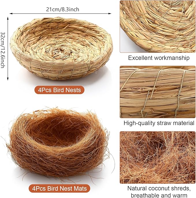AceOrbit 8 Pcs/4 Set Bird Nest with Coconut Fiber Mats Set Hand-Woven Flat Base Pigeon Birdhouse Breeding Nest Small Animal Cage Accessories for Parrots Budgies Cockatiels Hamsters Gerbils and Pigs