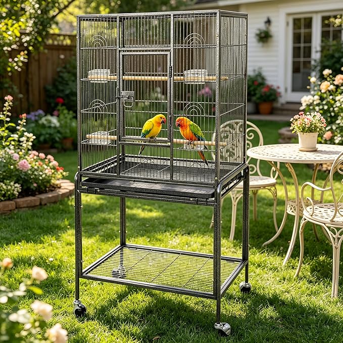 53-Inch Standing Wrought Iron Birdcage Large Parrot Flight Bird Cage with Rolling Stand Birdcages for Cockatiels African Grey Quaker Lovebird Canary Budgie Finch