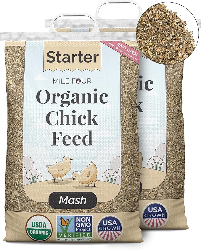 Mile Four Organic Chicken Feed (46 lbs) Starter Chick Mash, Non-GMO, USA Grown, 21% Protein, Corn-Free, Soy-Free, Non-Medicated Chick Feed