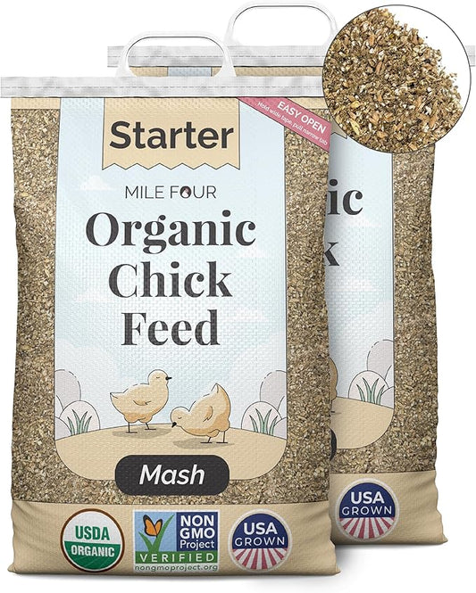 Mile Four Organic Chicken Feed (46 lbs) Starter Chick Mash, Non-GMO, USA Grown, 21% Protein, Corn-Free, Soy-Free, Non-Medicated Chick Feed