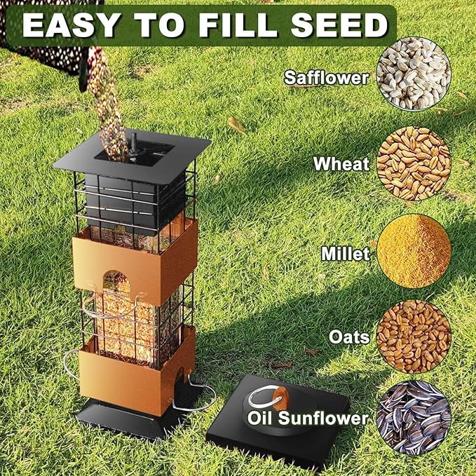 Squirrel Proof Bird Feeder, 3Lbs Metal Anti-Squirrel Bird Feeders for Outdoors, Weight-Activated Perches Hanging Wild Birdfeeder for Blue Jay, Cardinal (Brown)