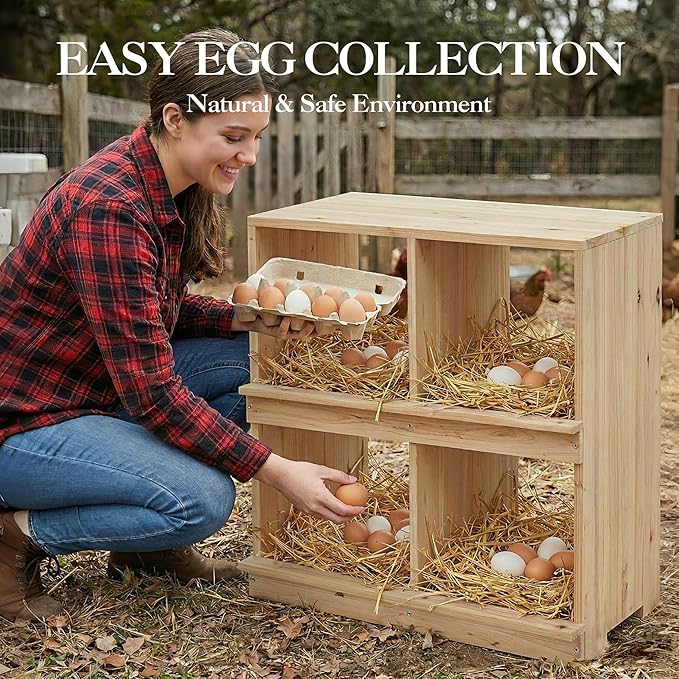 Wooden Chicken Nesting Box, Double-Deck with 4 Compartments, Wall-Mounted or Ground-Placed Nesting Box for Hens with Egg-Roll-Proof Design, Egg Collection Design, Perch, Natural Wood, Sun-Proof