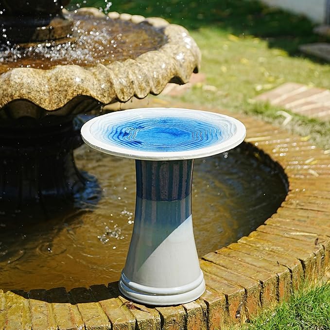 Ceramic Bird Bath for Outdoors, 18" H Weather-Resistant Birdbath for Garden Bird Watching, Pedestal Glazed Birdbaths, Sapphire Blue