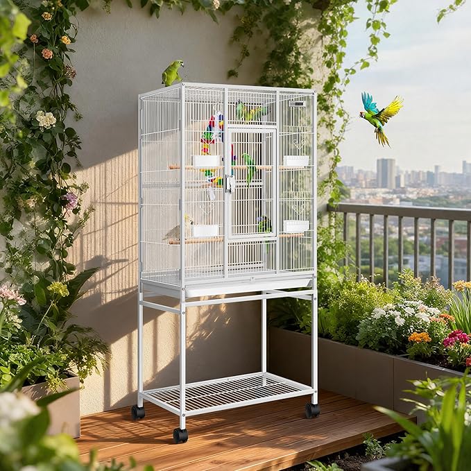 VIVOHOME 54 Inch Wrought Iron Large Bird Flight Cage with Rolling Stand for Parakeets Canaries Cockatiels Lovebirds Conures, White