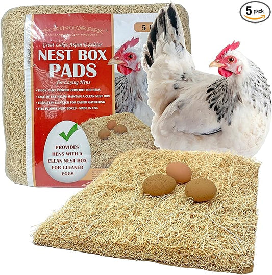 Nest Box Pads for Chicken Nesting Boxes - 13 x 13 Pads Made in USA from Sustainably Sourced Aspen Excelsior (5 Pack)