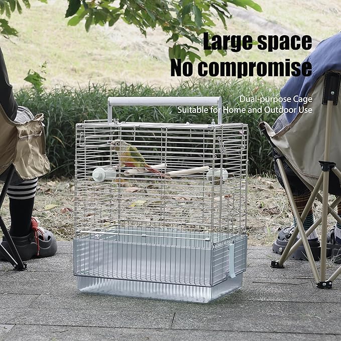 Stainless Steel Travel Bird Cage, 304 Portable Foldable Carrier for Parrots, Conures, Cockatiels, Parakeets – 17 Inch Large Birdcage with Aluminum Handle & Perch(Blue, Large Birdcage)