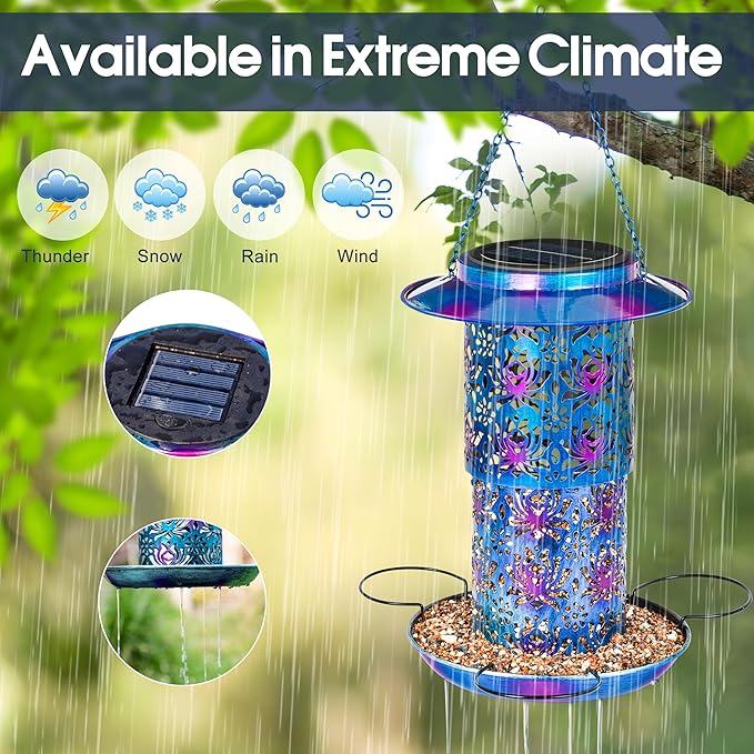 Ottsuls Solar Bird Feeder for Outdoors Hanging, Metal Wild Cardinals Garden Lantern Weatherproof, Decro Solar Birdfeeders as Gift Idea for Women Mom Grandma Bird Lovers (Update Version Blue)