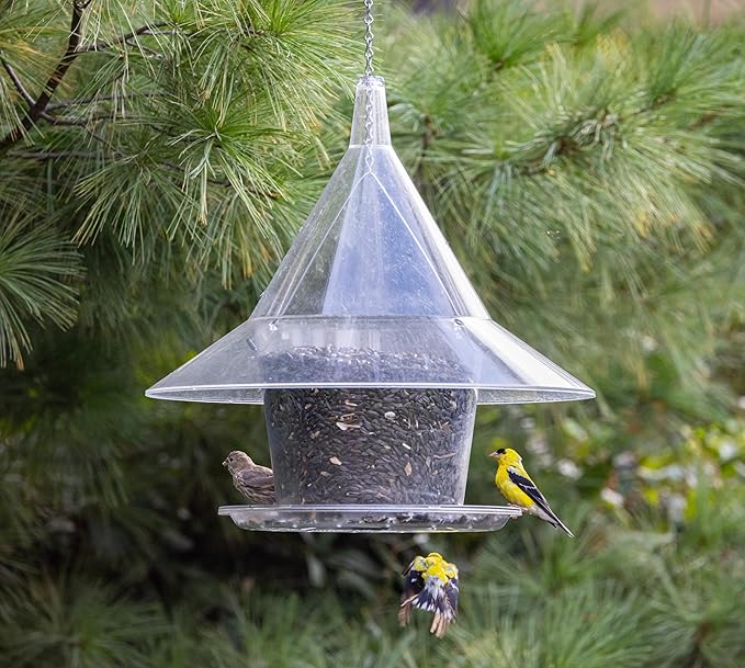 SKY CAFE - Squirrel Proof Bird Feeder for Outside - Large, 17 in. Diameter, 1.5 Gallon Birdseed Capacity - Made in USA by Arundale (Crystal Clear) - Free Mug