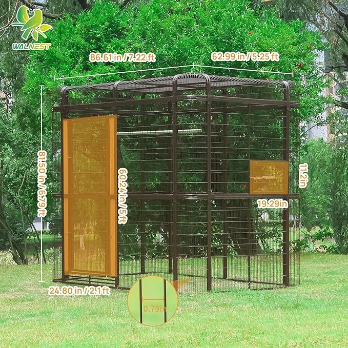 87-inch Outdoor Large Walk-in Cage Heavy Duty Bird Cage Carbon Crystal Board Aviary Parrot Cage Wide Flight Metal Birdcage for Macaw Budgie Conure Lovebird Parakeet Cockatiel, 7.22x5.25x6.8ft, Brown
